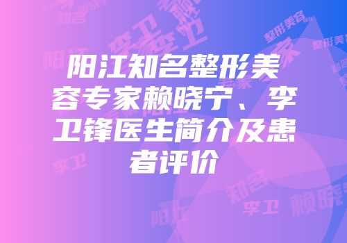阳江知名整形美容专家赖晓宁、李卫锋医生简介及患者评价