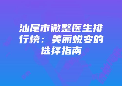 汕尾市微整医生排行榜：美丽蜕变的选择指南